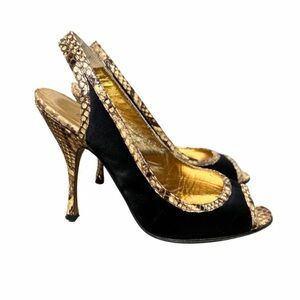 Dolce & Gabbana Black Satin & Snakeskin Slingback Peep-Toe Heels